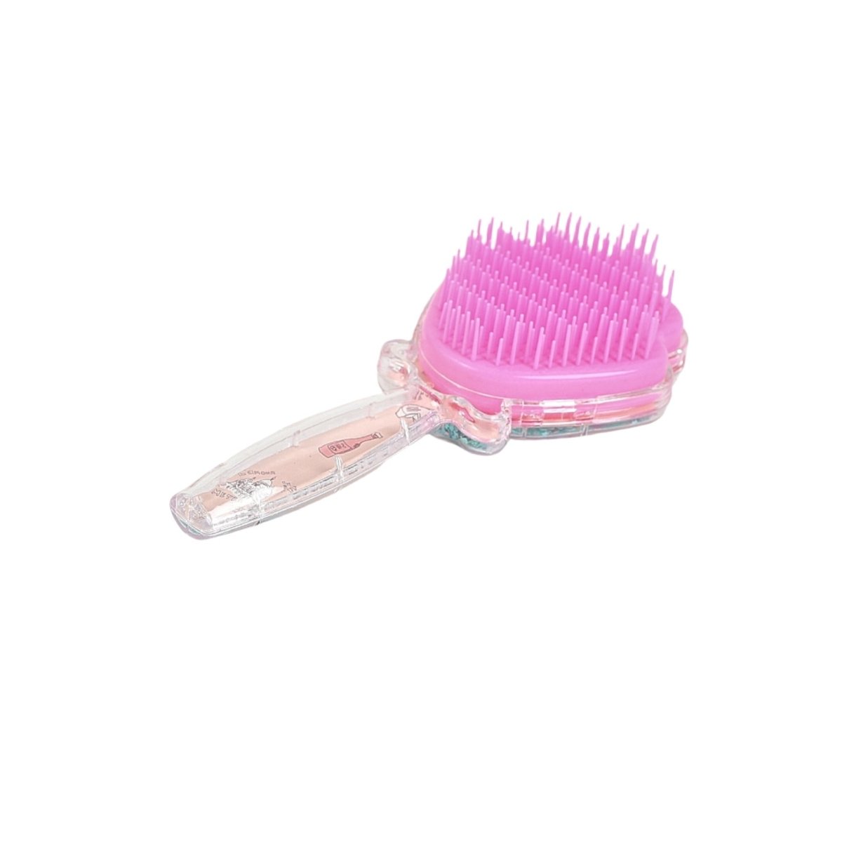 Plastic hair brush with shell-shaped bristles, bright pink head close-up on clear handle.
