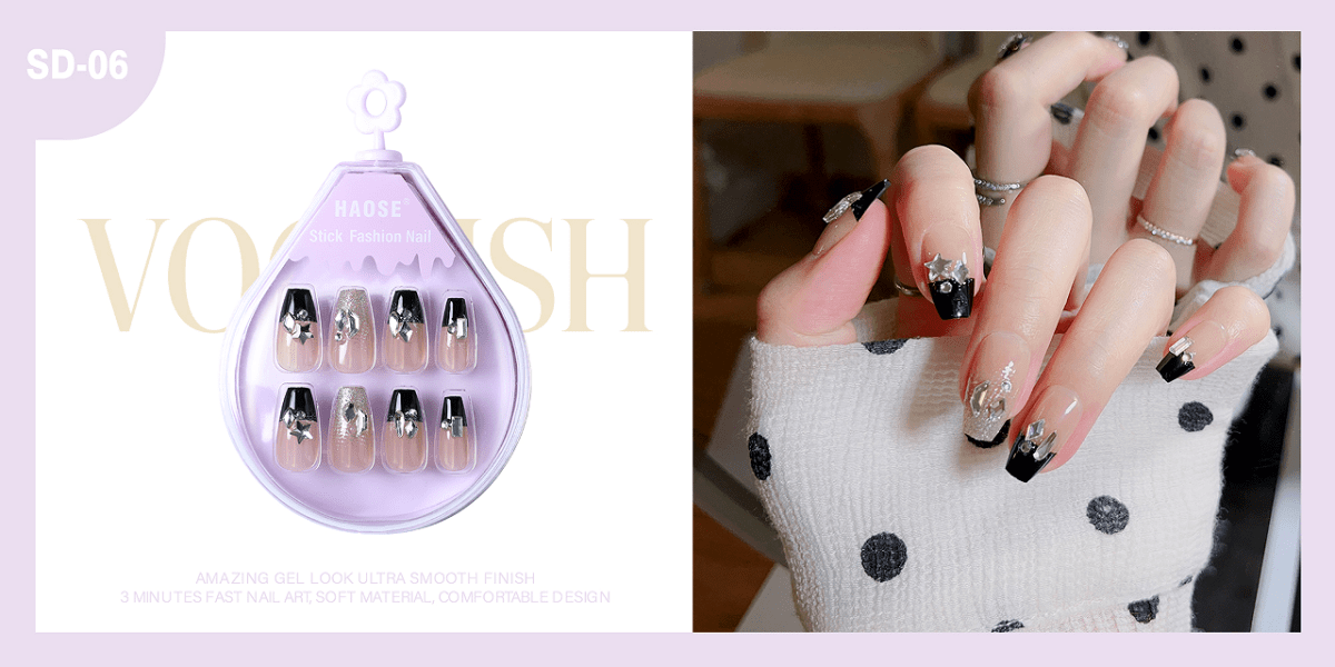 False nail pouch with black-and-white designs; nails shown on fingers