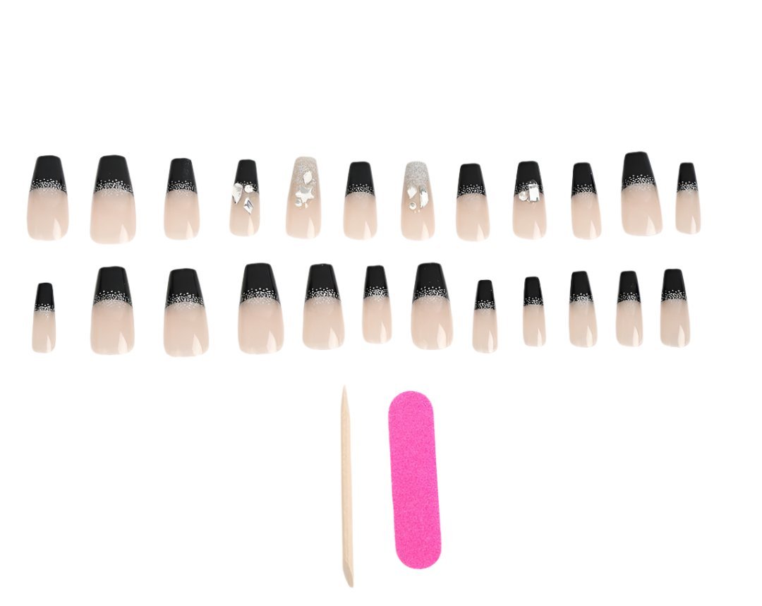 Set of black-and-white false nails with mixed solid and marbled patterns