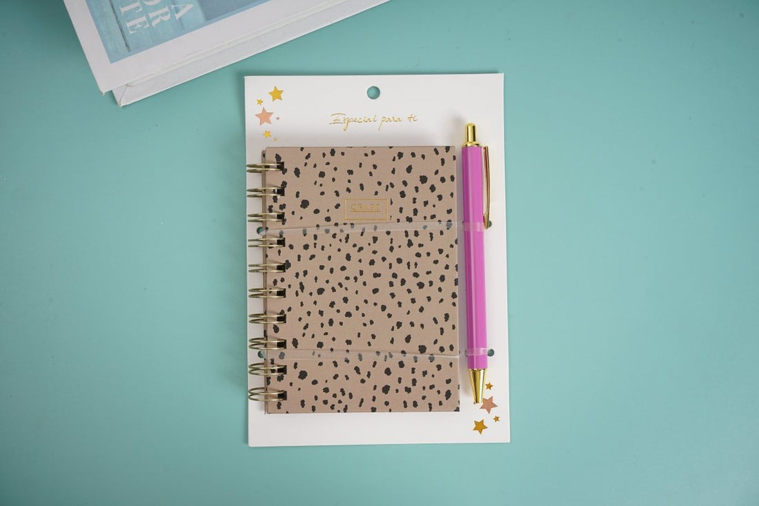 Dotted ash grey notebook with spiral binding and matching pink pen set