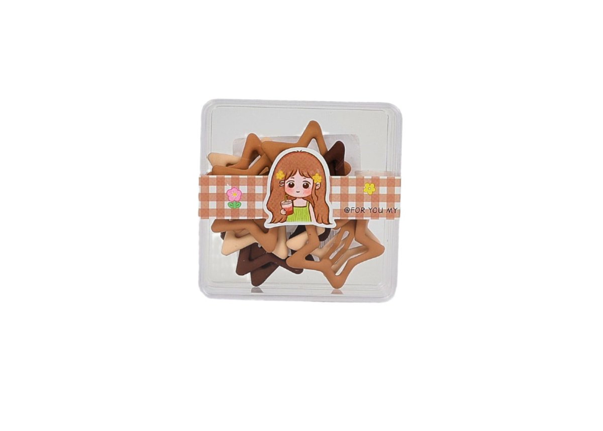 Star-shaped hair clips set in neutral tones, shown in a clear storage box.