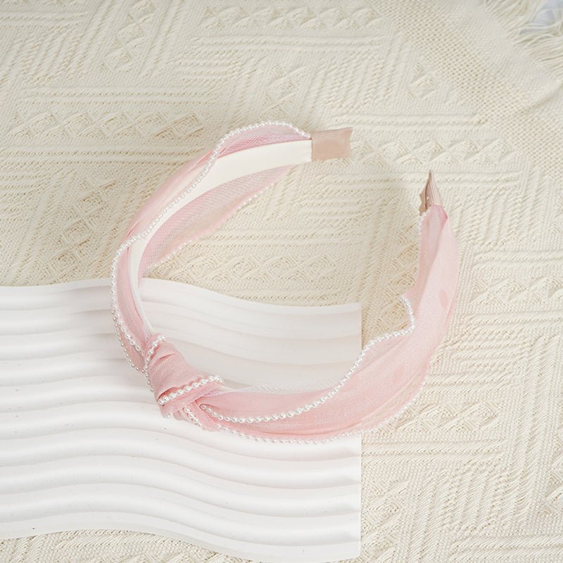 Pink Mesh Headband with Pearl Trim 1