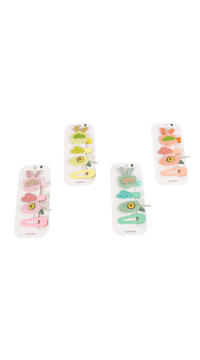 Children's hair accessory set cards with green, pink, orange, and blue clips