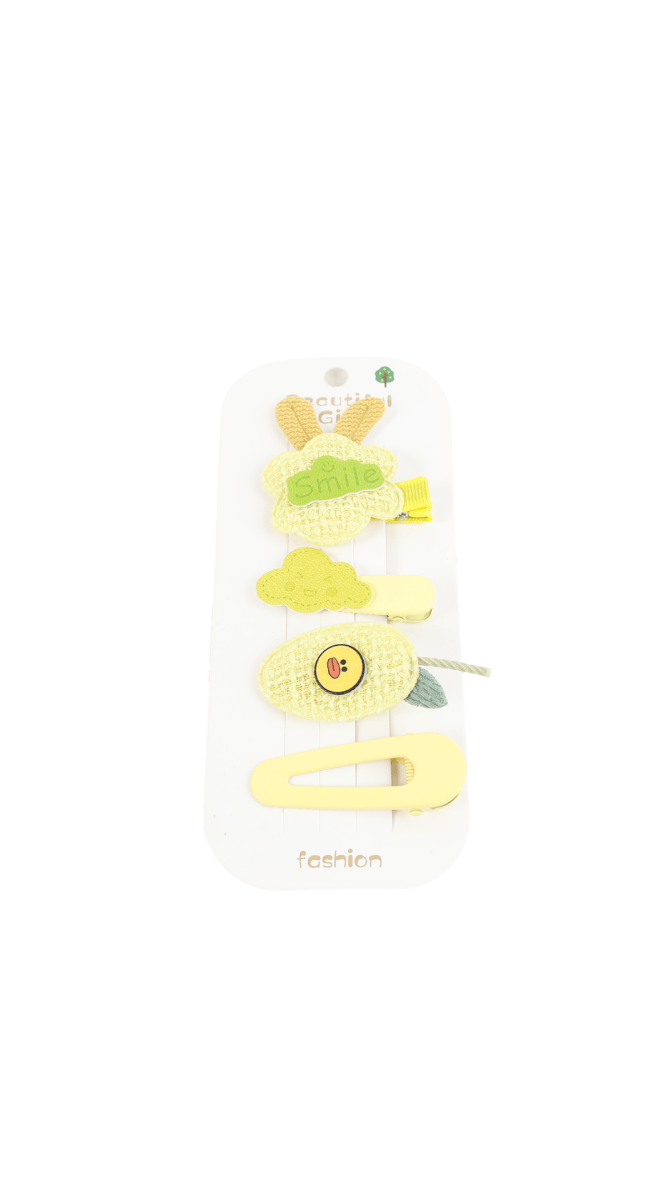 Children's hair accessory set with yellow clips and cloud-shaped pieces on a card