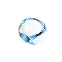 White soccer ball with blue geometric panels and black accents, 30 cm