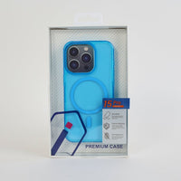 iPhone 15 Pro case in box, blue clear case with ring holder and camera lens cutouts