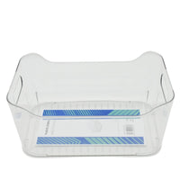 Clear plastic storage bin with open top and side cutout handles, empty
