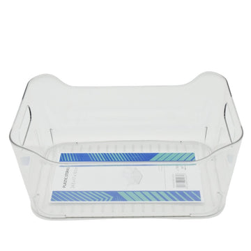 Clear plastic storage bin with open top and side cutout handles, empty