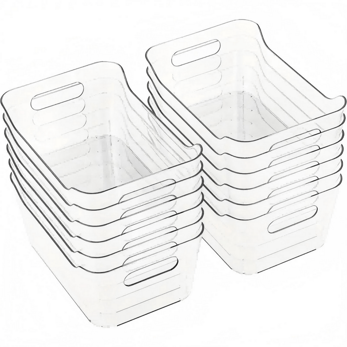 Stack of clear plastic storage bins with vented side handles and open tops