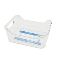Clear plastic storage bin with side handles and open top, rectangular shape