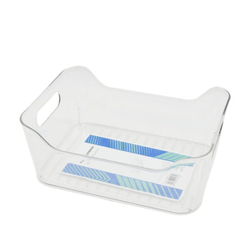 Clear plastic storage bin with side handles and open top, rectangular shape