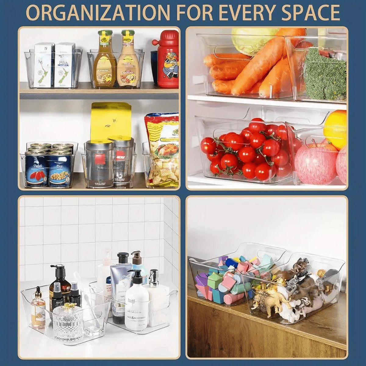 Clear plastic organizer bins with open fronts, for kitchen and pantry storage
