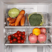 Clear refrigerator storage bin with open top and handles, holds produce