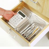 Clear plastic drawer organizer bin with pen and marker compartments