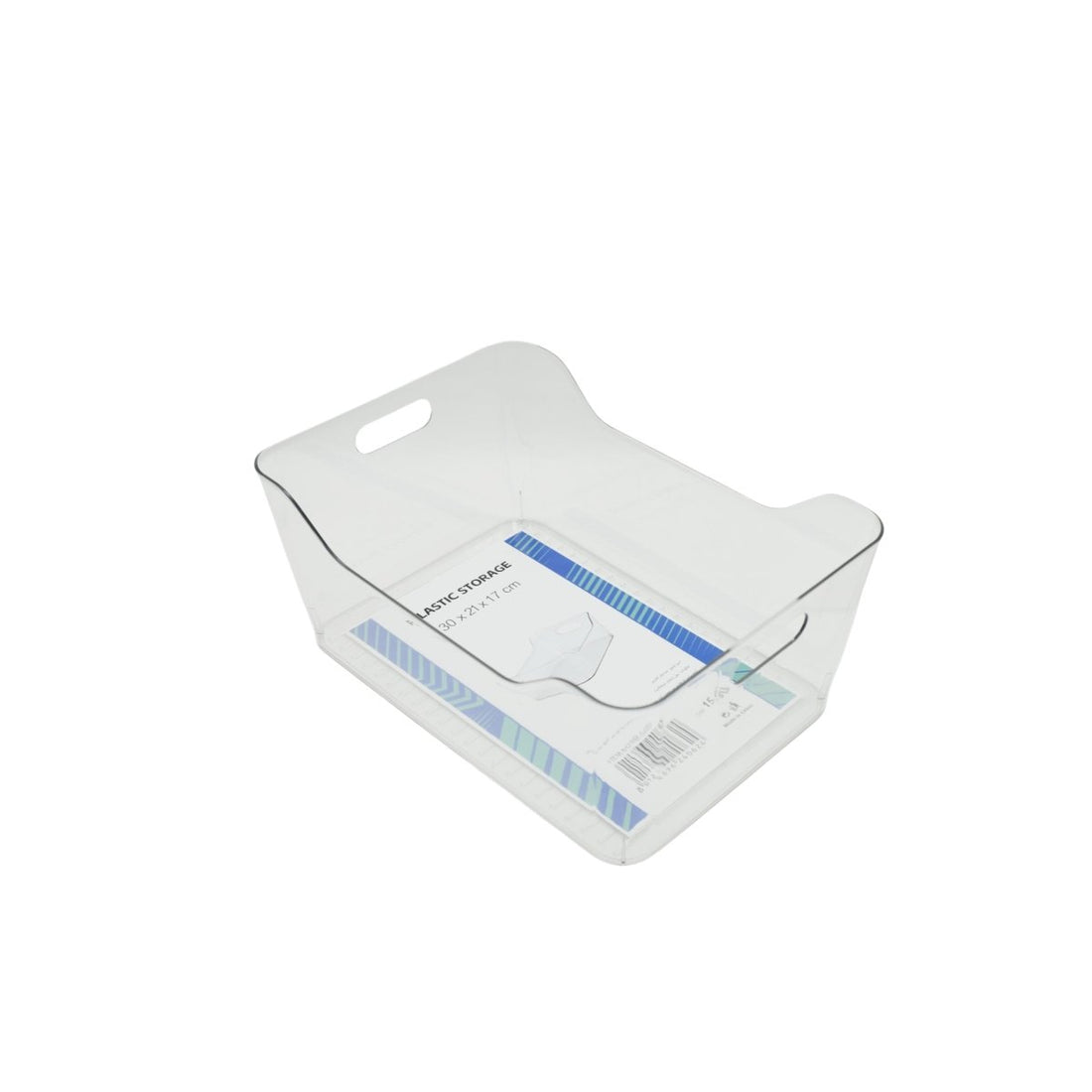 Clear plastic storage organizer with open top and carry handle cutout