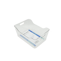 Clear plastic storage organizer with open top and carry handle cutout