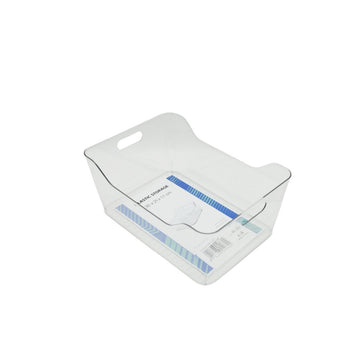 Clear plastic storage organizer with open top and carry handle cutout