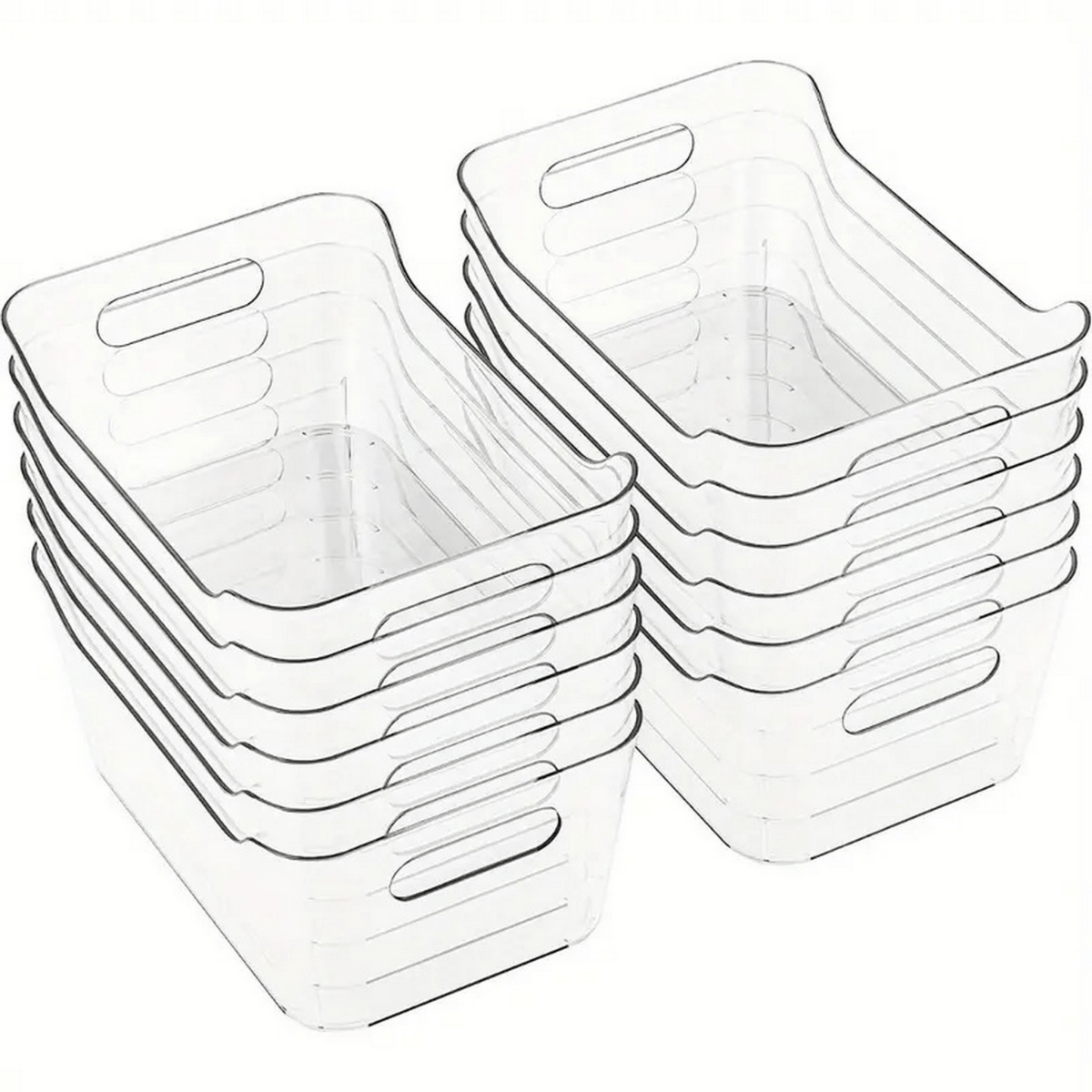 Clear plastic storage organizer bins stacked, each with side handle cutouts