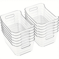Clear plastic storage organizer bins stacked, each with side handle cutouts