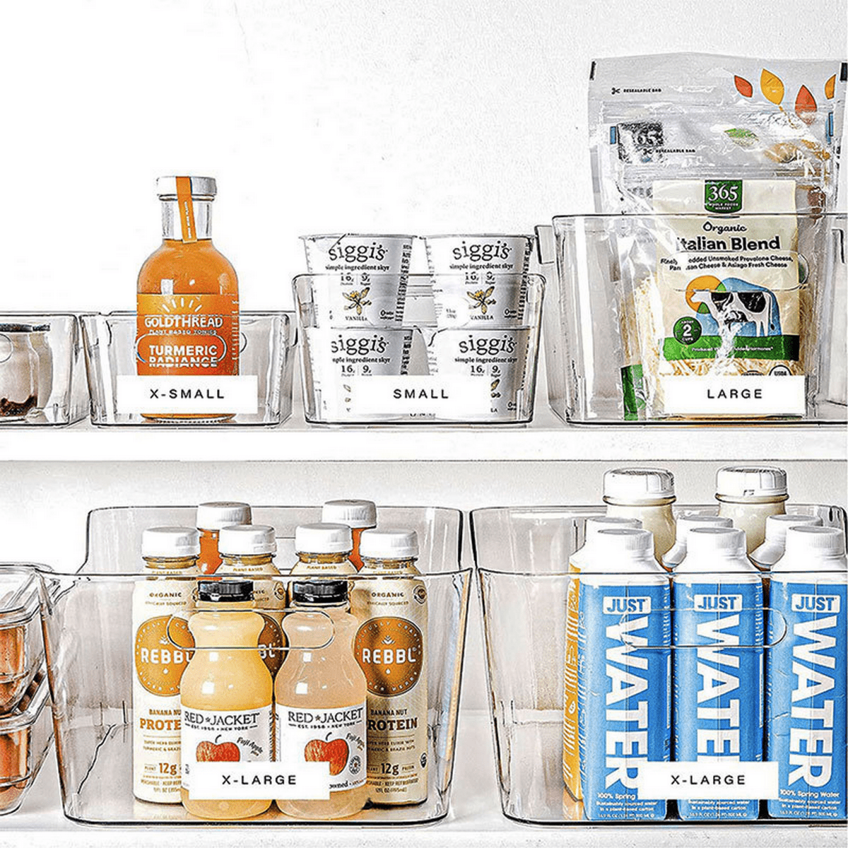 Clear plastic organizer bins holding bottles and cans on a shelf