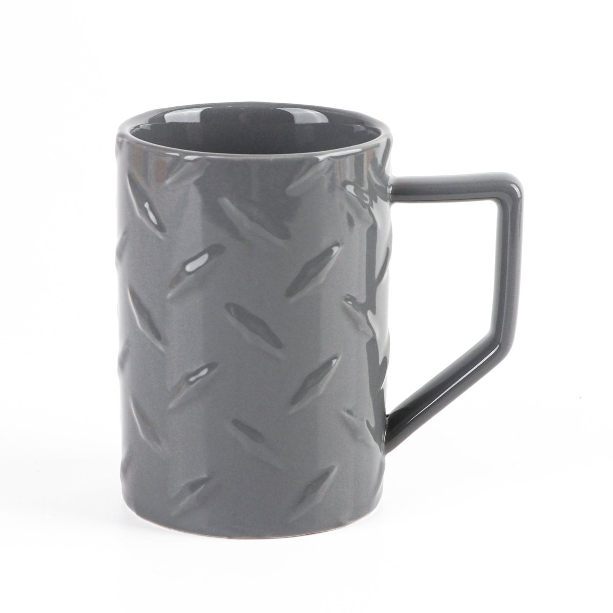 Gray ceramic mug with raised pattern and side handle