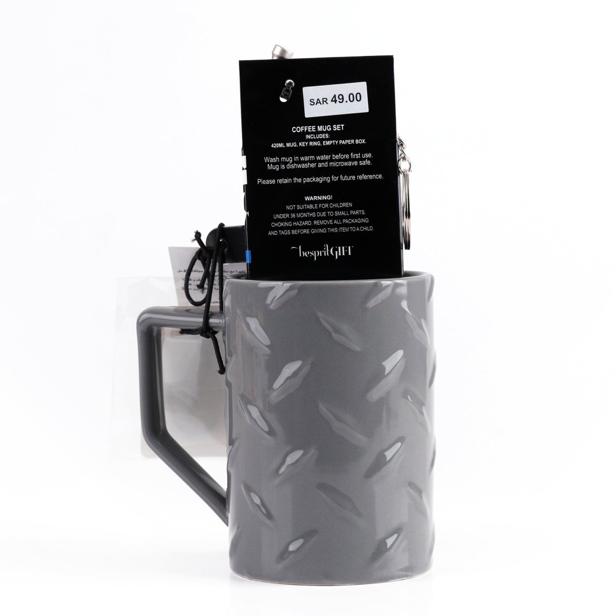 Gray ceramic mug gift set with hanging label and attached key ring