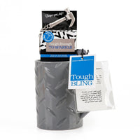 Gray ceramic mug gift set with Tough BLING tag, wrapped box and hanging key ring