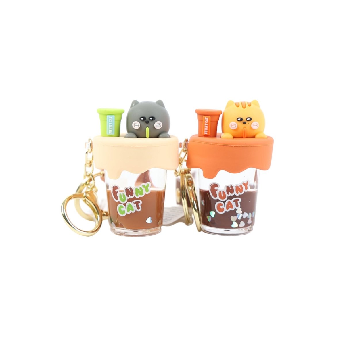 Resin drink cup keychain with panda charms, two-color cups, metal key ring and chain