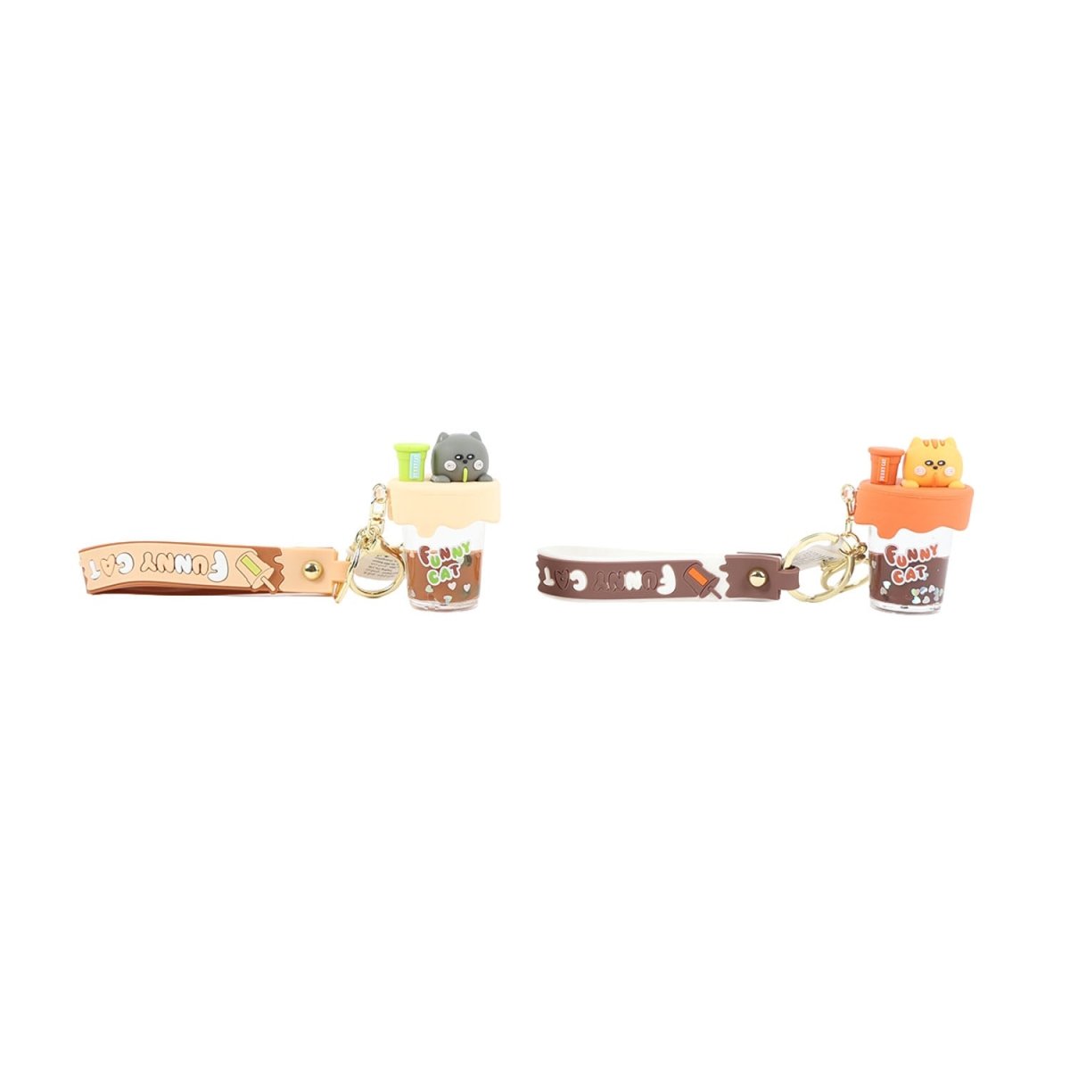 Resin drink cup keychains with panda charms, each on a strap with metal key ring