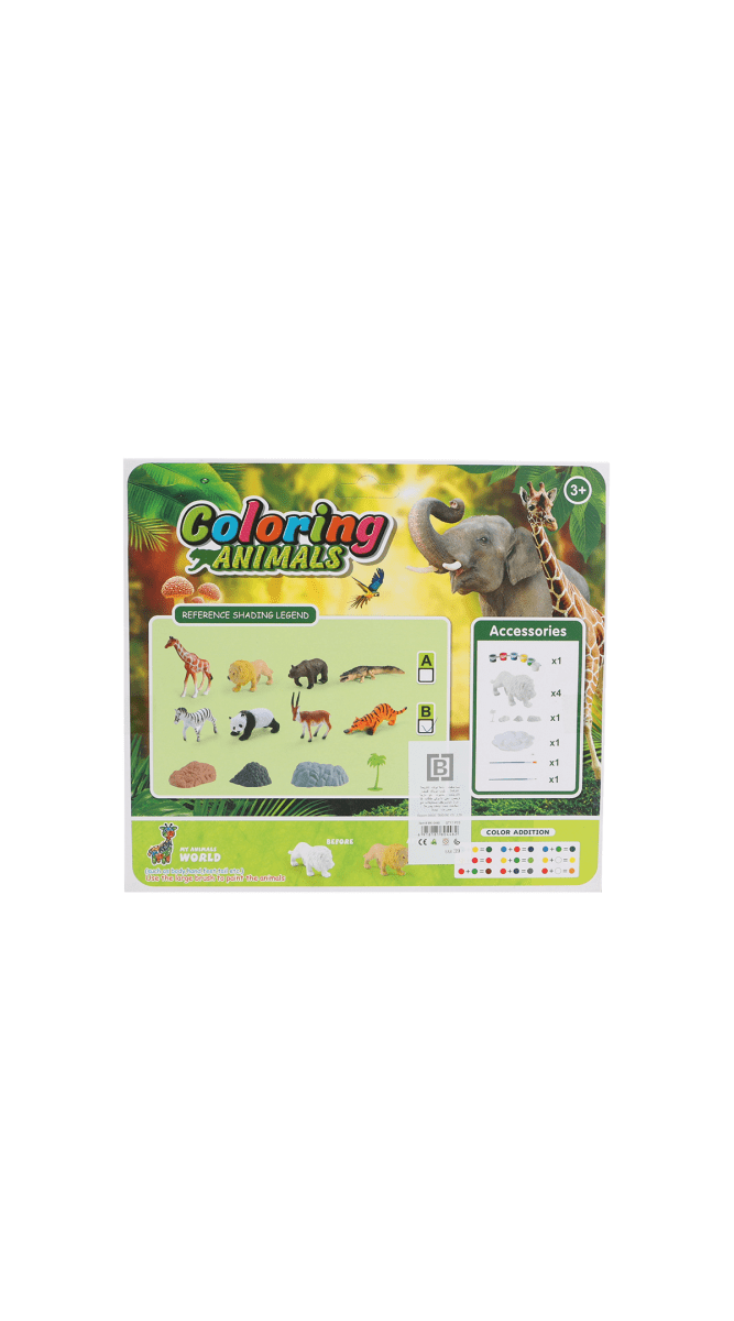 Animal coloring paint kit box with animal template images and color accessory layout