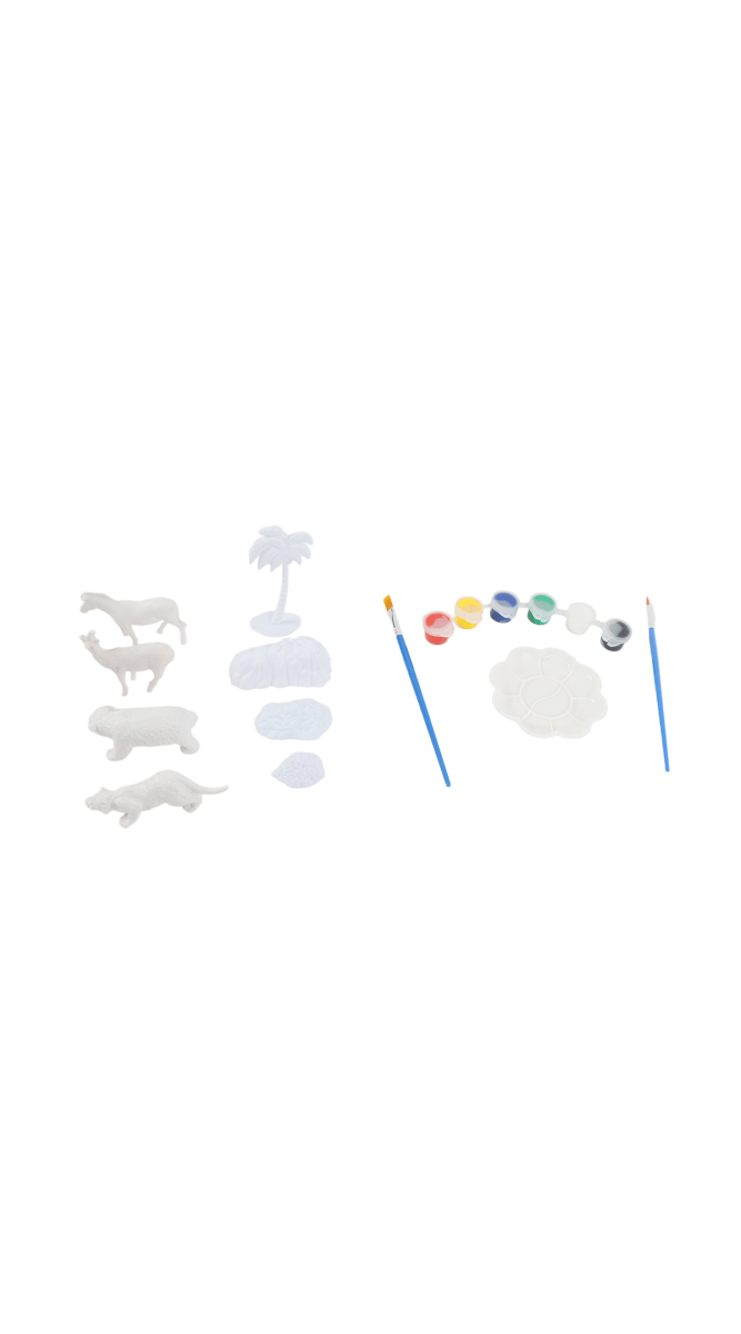 Animal painting stencils set with two brushes, paint palette, and small animal figures