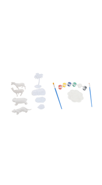 Animal painting stencils set with two brushes, paint palette, and small animal figures