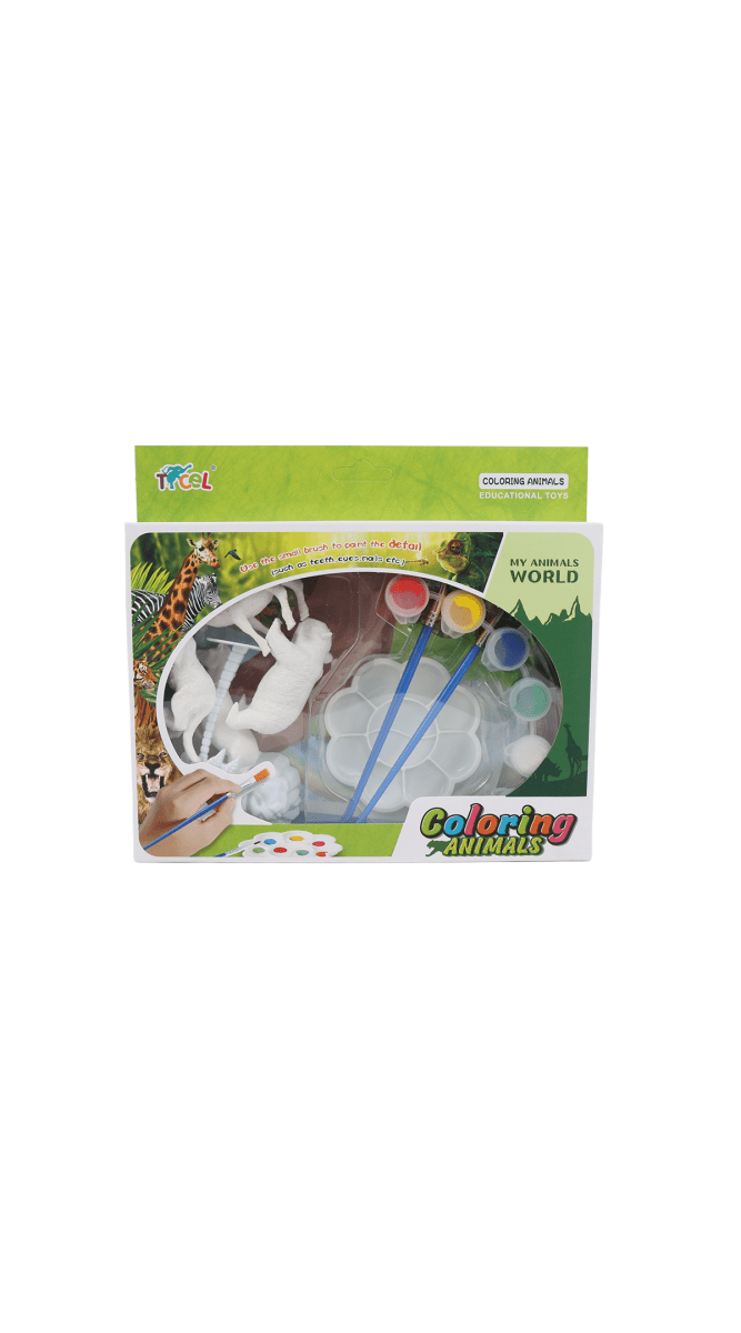 Children’s animal coloring paint kit box showing illustrated accessories and brushes