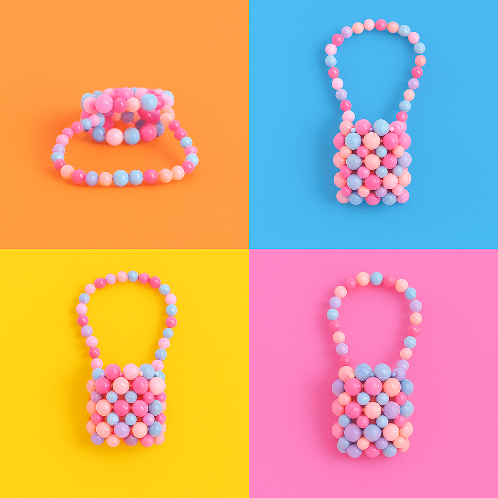 Mini acrylic beaded handbag with pink and blue bead pattern, arched top handle