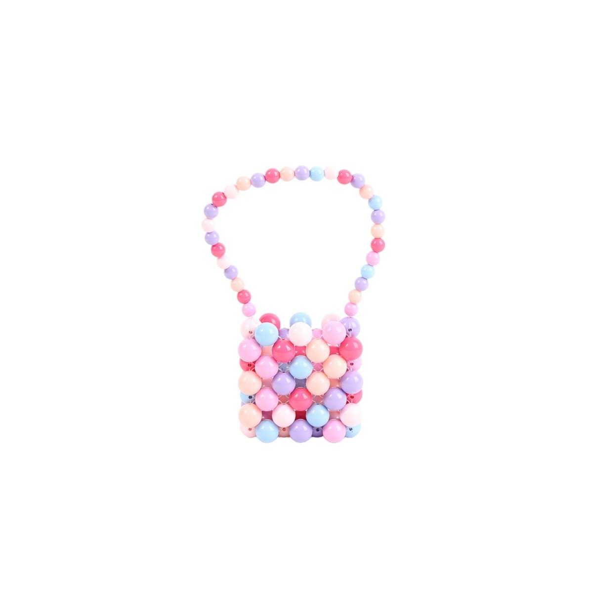 Mini beaded handbag, rounded body with pastel pink, lavender, and blue beads