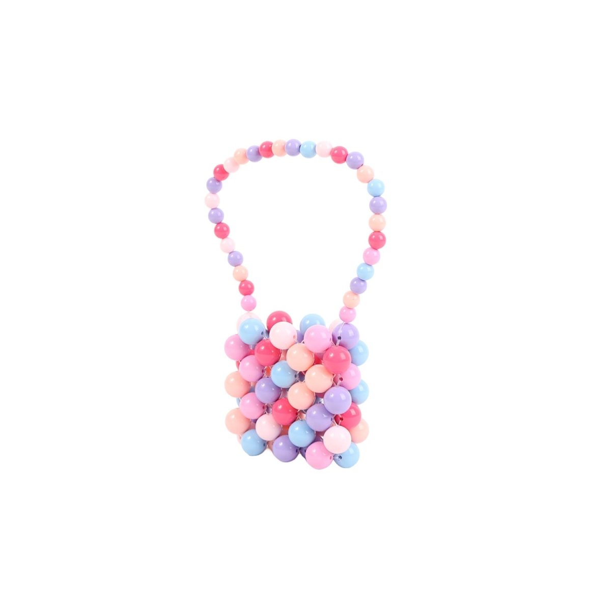 Mini acrylic beaded handbag with pink and light blue bead fringe, arched handle