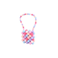 Mini acrylic beaded handbag with pink and light blue bead fringe, arched handle