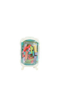 Toy building block suitcase with turquoise case, open lid holding multicolor blocks