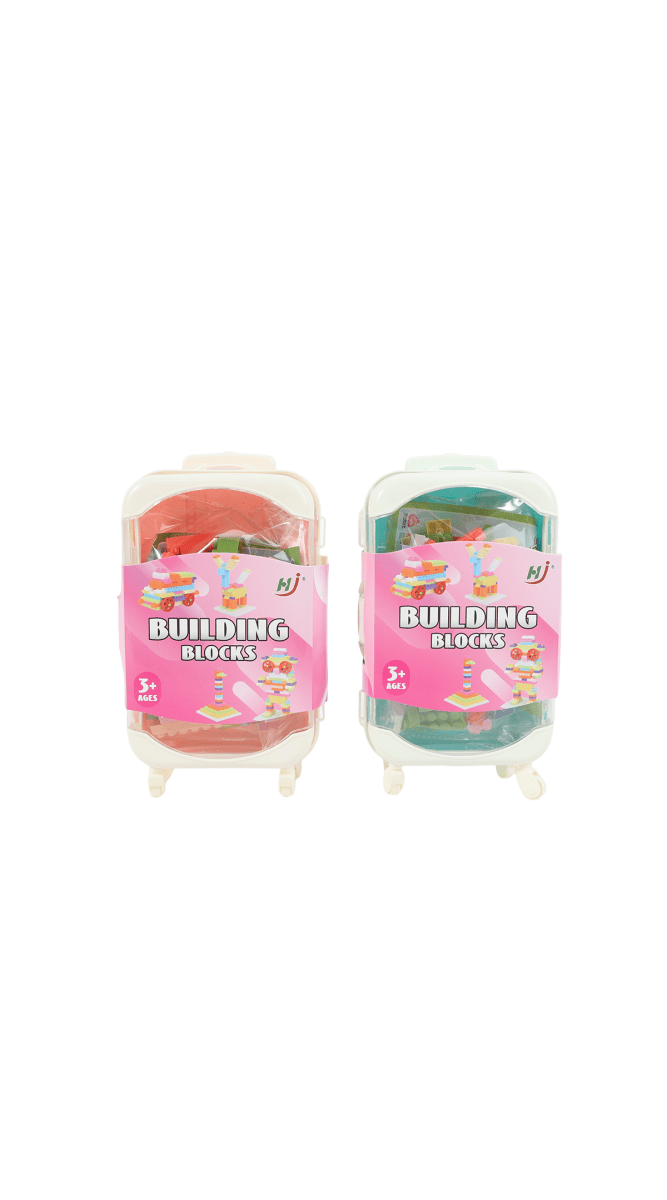 Toy building block suitcase set with two cases: pink and turquoise, multicolor blocks