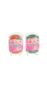Toy building block suitcase set with two cases: pink and turquoise, multicolor blocks