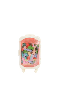 Toy building block suitcase with pink case, open lid showing multicolor blocks