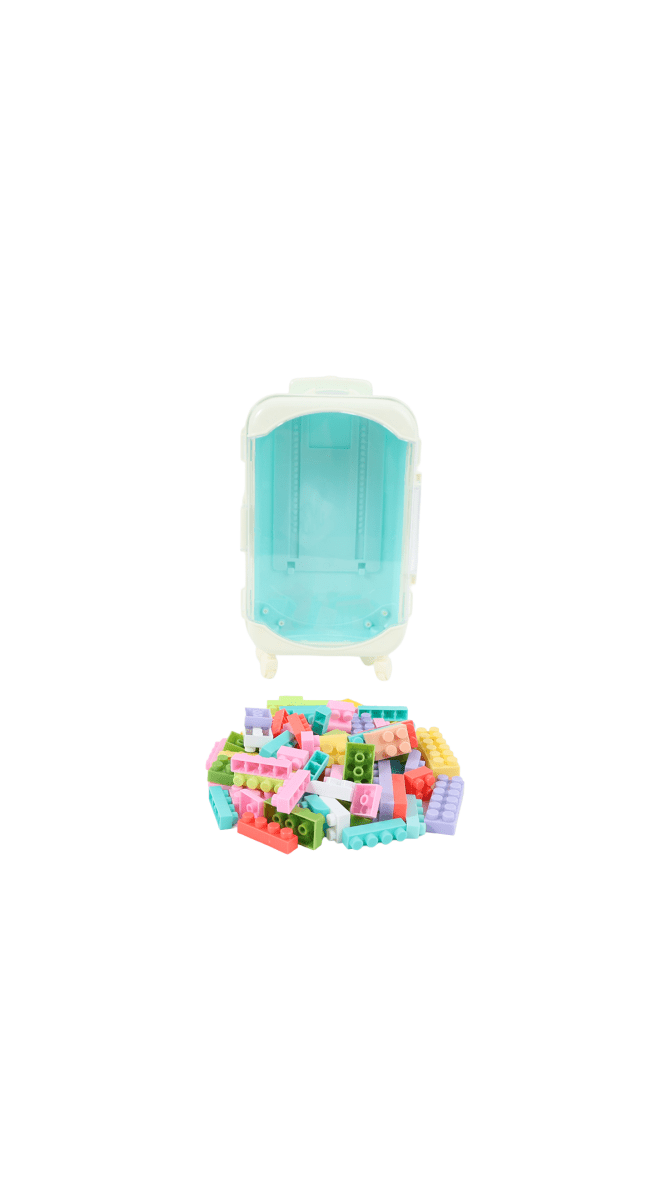 Toy building block suitcase with turquoise case, open lid showing assorted blocks