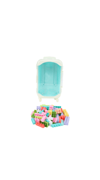 Toy building block suitcase with turquoise case, open lid showing assorted blocks