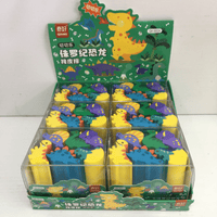 Dinosaur eraser set in open box, with yellow, blue, green, and purple dinosaur figures