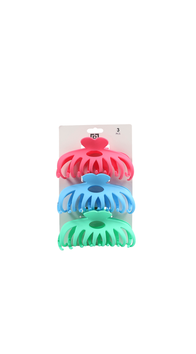 Plastic hair clips 3-pack on card: pink-red, blue, and green claw-style clips