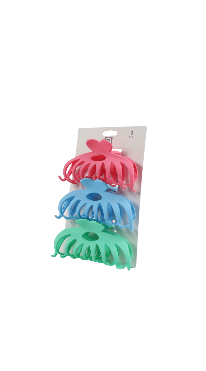 Plastic hair clips 3-pack on card: red, blue, and green claw-style clips