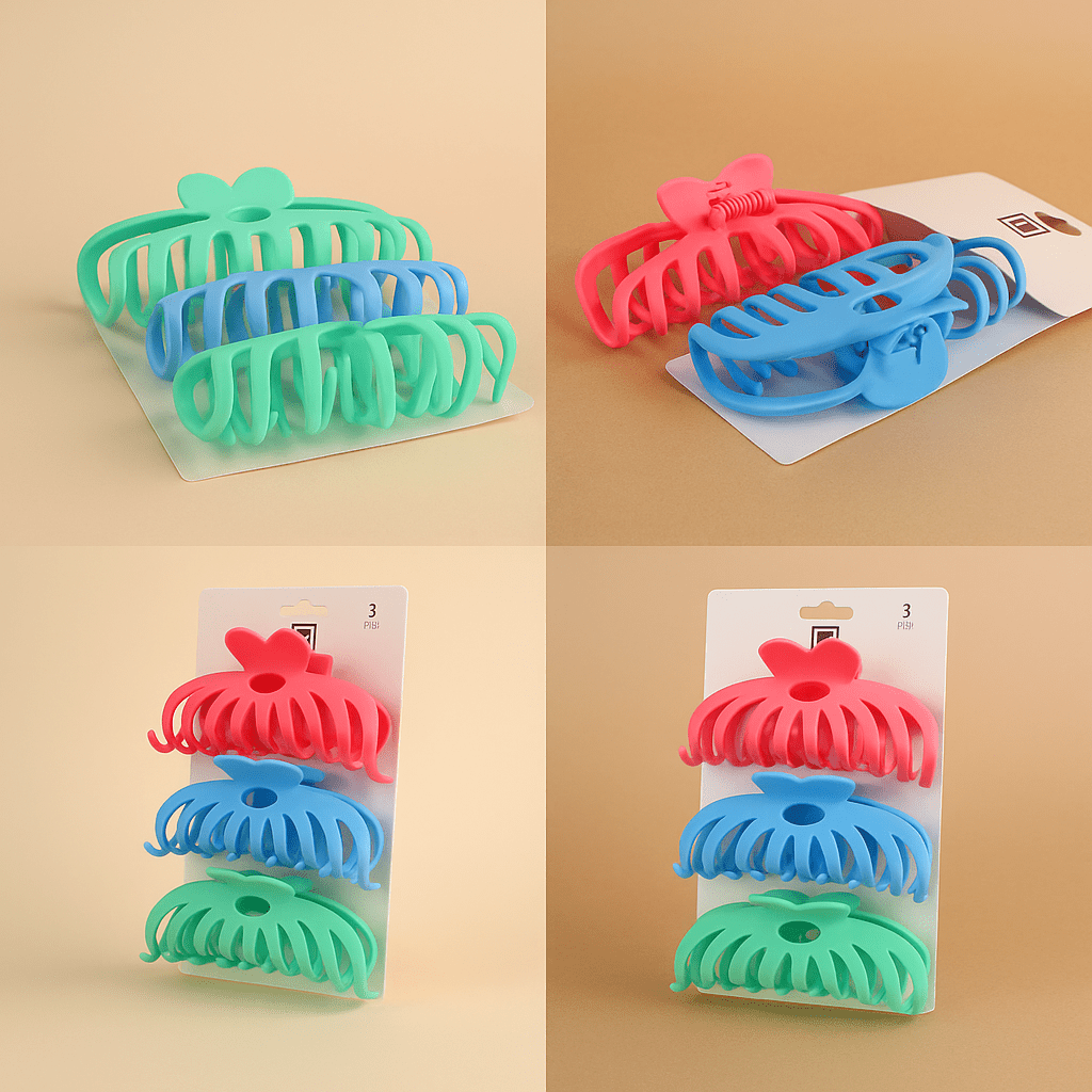 Assorted plastic hair clips, 3-pack on cards: green, blue, mint, red, pink