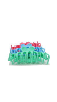 Plastic hair clips displayed: pink-red, blue, teal, and mint, heart-shaped tops