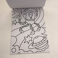 Open space coloring book page with astronaut and star outlines