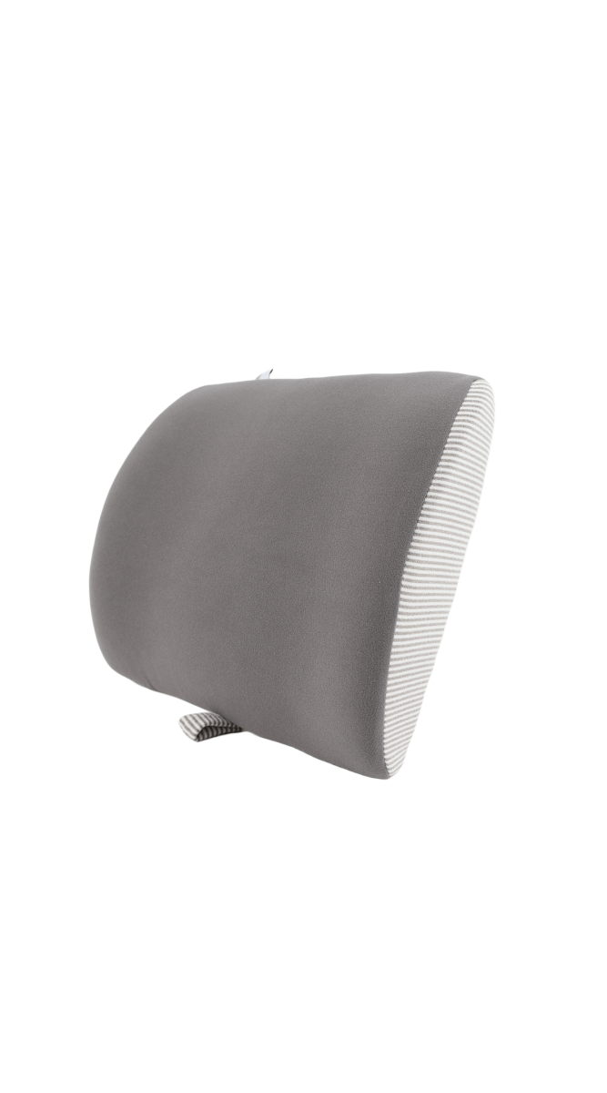 Gray car headrest pillow with striped side panel and support straps